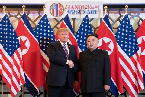 President Donald J. Trump is greeted by Kim Jong Un, Chairman of the State Affairs Commission of the Democratic People’s Republic of Korea on February 27, 2019, at the Sofitel Legend Metropole hotel in Hanoi, for their second summit meeting. Trump has expressed and Supreme Leader Kim Jong Un shake hands at the start of the summit.