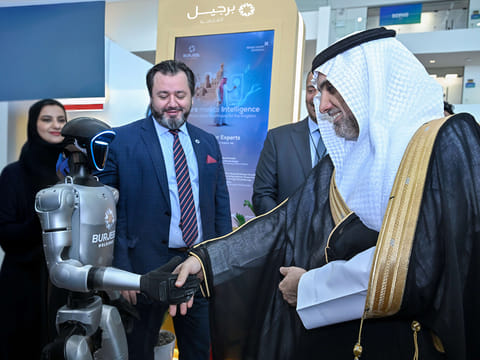 Fahad Abdulrahman AlJalajel, Minister of Health, felicitates Dr. Shamsheer Vayalil, Founder and Chairman of Burjeel Holdings, during the opening ceremony of the GHE 2025 in Riyadh.