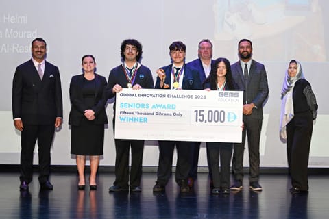 Students from GEMS Metropole School winning Dh15,000 for their StridSense smart insole.