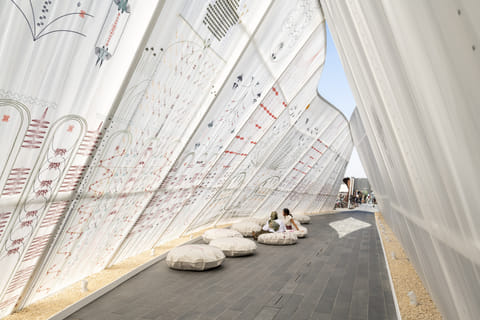 Adwab winning installation founded by architects Latifa Alkhayat and Maryam Aljomairi, Bahrain-based studio Maraj presents 'Stories of the Isle and the Inlet', exploring Nabih Saleh’s ecological and cultural narratives through architecture and design.