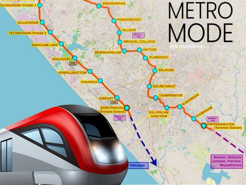Key interchange stations will be located at Kazhakkoottam, Technopark, and Kariavattom.