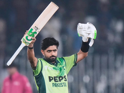 Pakistan's Babar Azam celebrates after his century during the second ODI match against Sri Lanka, in Rawalpindi, Pakistan, on Friday, November 14, 2025.