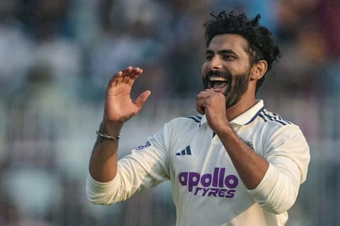 India's Ravindra Jadeja celebrates after taking the wicket of South Africa's Tristan Stubbs during the second day of the first Test at the Eden Gardens in Kolkata on November 15, 2025.