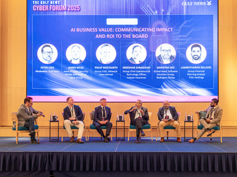 James Wiles, Head of Cyber Security, Middle East & Africa, Cigna Group; Philip Westgarth, Group CISO, Network International; Sreedhar Suragouni, Group Chief Operations & Technology Officer, Sukoon Insurance; Sayantan Dev, Global Head, Software Solutions Group, Redington Group; and Lambotharan Sellavel, Group Financial Planning Analyst, Triliv Holdings, at the first panel discussion of Gulf News Cybersecurity Forum 2025. The moderator is Peter Ling.