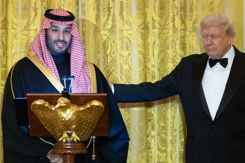 Crown Prince and Prime Minister Mohammed bin Salman of Saudi Arabia delivers remarks with U.S. President Donald Trump during a dinner in the East Room at the White House on November 18, 2025 in Washington, DC. Trump is hosting the Crown Prince for meetings aimed at strengthening economic and defense ties, including the US sale of F-35 fighter jets to Saudi Arabia.