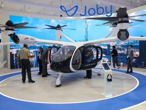 Joby air taxi on display at Dubai Airshow 2025.