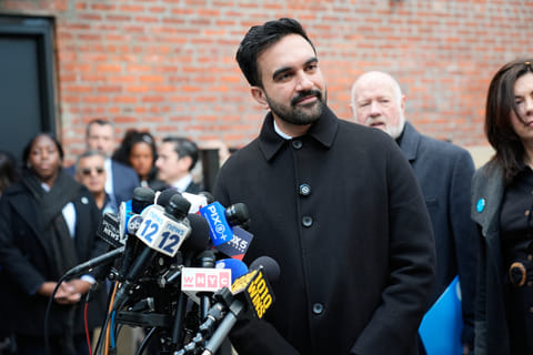 New York City mayor-elect Zohran Mamdani talks to reporters at a news conference in New York, Monday, Nov. 17, 2025.