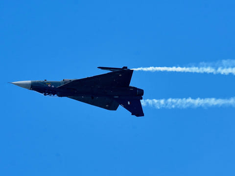 Tejas, an Indian indigenous aircraft flies during 93rd Indian Airforce Day celebration in Guwahati, India, on Saturday, November 8, 2025.