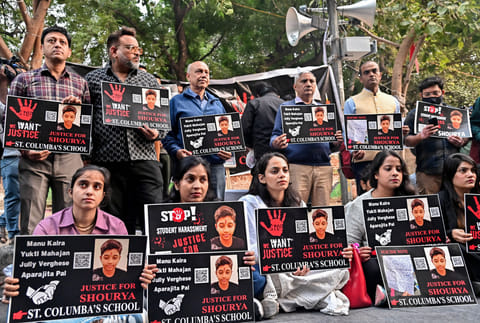 Parents hold a protest at Janar Mantar over the death of a 16-year-old student, allegedly by suicide, at Rajendra Place Metro Station on November 18, in New Delhi on Saturday.