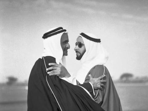 Architects of the Union, Dubai 1960s. Sheikh Zayed bin Sultan Al Nahyan and Sheikh Rashid Bin Saeed Al Maktoum often met on
photo Noor Ali Rashid