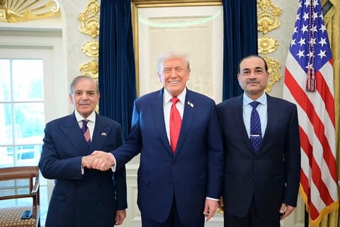 This handout photograph released by Pakistan's Prime Minister Office on September 26, 2025, shows Pakistan's Prime Minister Shehbaz Sharif (L), Army Chief and Field Marshal Syed Asim Munir (R) posing with US President Donald Trump (C) at the White House in Washington, DC. File photo for illustrative purpose only