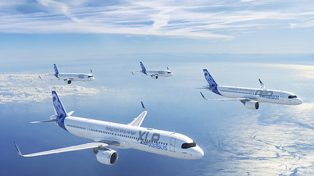 The Airbus A320 family of aircraft, including the A321LR and the A320neo.