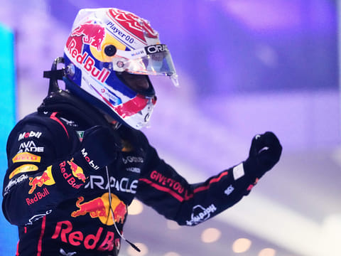 Red Bull driver Max Verstappen of the Netherlands celebrates after winning the Qatar Formula One Grand Prix, at the Lusail International Circuit, in Lusail, Qatar, Sunday, Nov. 30, 2025.