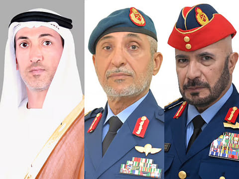 From left: Mohammed bin Mubarak bin Fadel Al Mazrouei, Minister of State for Defence Affairs; Lieutenant General Engineer Issa Saif bin Ablan Al Mazrouei, Chief of Staff of the UAE Armed Forces; and Lieutenant General Engineer Ibrahim Nasser Al Alawi, Undersecretary of the Ministry of Defence.
