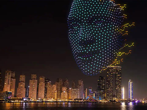 Free waterfront displays feature high-speed drones, bold colours and synchronised Ain Dubai lights.