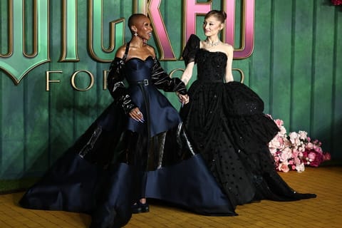 Cynthia Erivo and Ariana Grande (R) pose on the red carpet upon arrival for the European premiere of the film "Wicked: For Good"