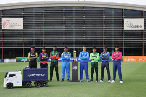 Captains pose with the trophy ahead of the ACC Men’s U19 Asia Cup 2025 at the ICC Academy Ground, Dubai on December 11, 2025.