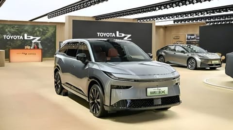 The RAV4-sized Toyota bZ3X all-electric compact SUV at a dealership. Produced in China, via joint venture GAC-Toyota, the bZ3X sales exceeded 10,000 units for two straight months.
