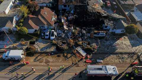 Damage is seen at the scene of a gas explosion in Hayward, Californi, Thursday, Dec. 11, 2025.