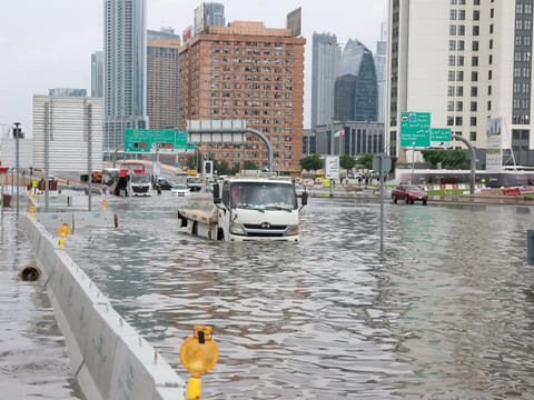 A flooded road after the heavy rain in Dubai on Friday, December 19, 2025.