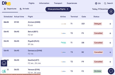 Flight disruptions continue at Dubai International Airport (DXB) early on Friday, December 19, 2025, as per Dubai Airports.