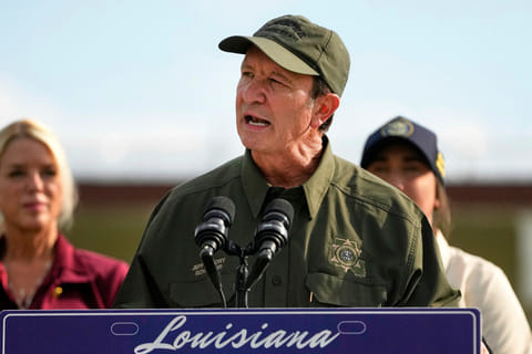 Louisiana Gov. Jeff Landry speaks to reporters at the Louisiana State Penitentiary in Angola, La., Sept. 3, 2025.