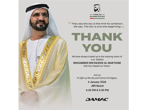 DAMAC celebrates 20th anniversary of Dubai Ruler His Highness Sheikh Mohammed Bin Rashid Al Maktoum accession with citywide tribute and spectacular drone shows