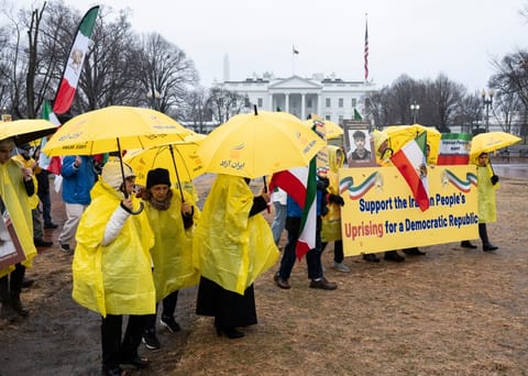 Demonstrators gather at Lafayette Park in front of the White House to protest the Iranian government during the "Free Iran" rally on January 10, 2026 in Washington, DC.