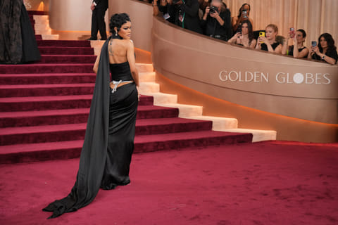 Teyana Taylor arrives at the 83rd Golden Globes on Sunday, Jan. 11, 2026, at the Beverly Hilton in Beverly Hills, Calif. (Photo by Jordan Strauss/Invision/AP)