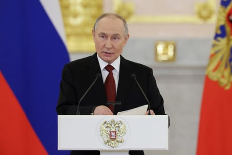 Russian President Vladimir Putin delivers a speech during a ceremony to receive letters of credence from newly appointed foreign ambassadors at the Grand Kremlin Palace in Moscow on January 15, 2026.