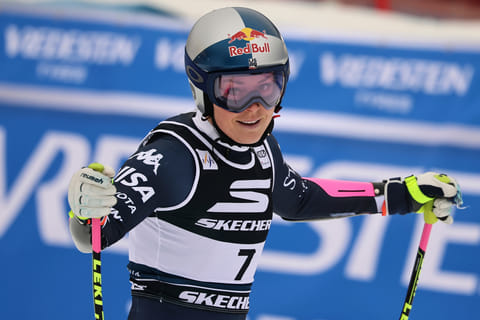 United States' Lindsey Vonn celebrates at the finish area of an alpine ski, women's World Cup Super G, in Tarvisio, Italy, Sunday, Jan. 18, 2026.