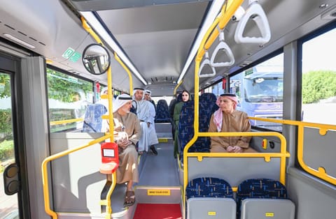 Mattar Al Tayer with senior RTA officials including Ahmed Hashem Bahrozyan, inspecting the new fleet of buses in Dubai