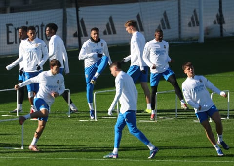 Real Madrid players attend a training session on the eve of the UEFA Champions League league phase day 7 football match between Real Madrid CF and AS Monaco at Real Madrid Sports City in Valdebebas, on the outskirts of Madrid, on January 19, 2026.