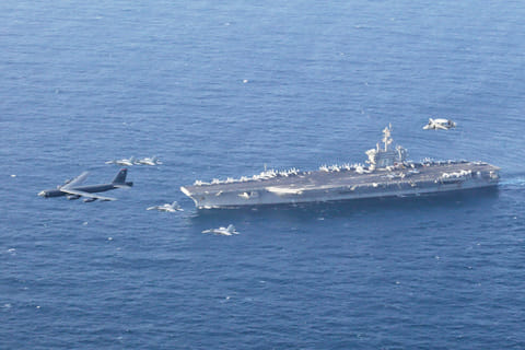 The USS Abraham Lincoln carrier and a US Air Force B-52H Stratofortress, conduct joint exercises in the US Central Command area of responsibility in Arabian Sea June 1, 2019.