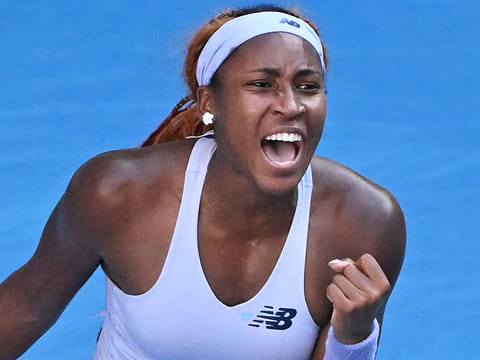 USA's Coco Gauff celebrates beating Czech Republic's Karolina Muchova in their women's singles match on day eight of the Australian Open tennis tournament in Melbourne on January 25, 2026.