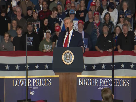 US President Donald Trump speaks during a campaign-style event in Clive, Iowa.