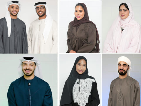 Clockwise from top left to right: Manea Alzaabi, Abdullah Alameri, Sara Alkhanjeri, Meera Alshehhi Fares Alhammadi, Sumaya Alkhanjeri and Nasser Aljeaidi