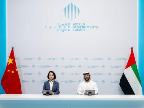 Marwan Ahmed bin Ghalita and Yu Lu during the MoU signing ceremony on the sidelines of the World Governments Summit in Dubai.