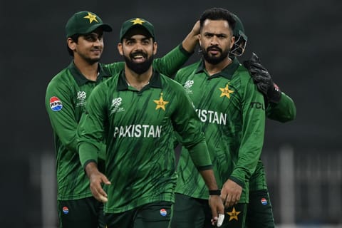 Pakistan's Mohammad Nawaz (R) celebrates with teammates after taking the wicket of USA's Andries Gous during the 2026 ICC Men's T20 Cricket World Cup group stage match between Pakistan and USA at the Sinhalese Sports Club (SSC) Ground in Colombo on February 10, 2026.