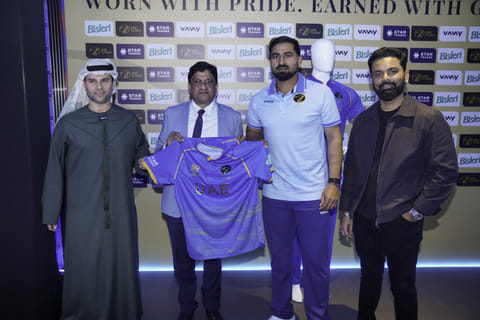 UAE captain Muhammad Waseem during the launch of the UAE kit for the ICC T20 World Cup. Also seen Mubashshir Usmani on the right.