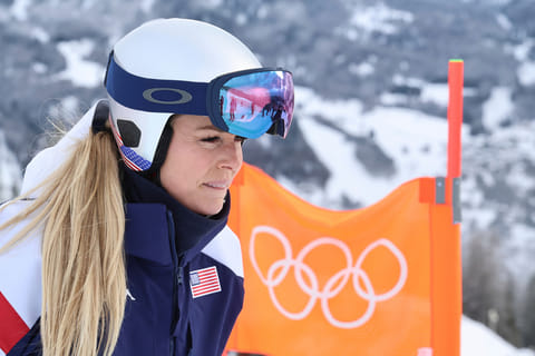 United States' Lindsey Vonn concentrates ahead of an alpine ski, women's downhill official training, at the 2026 Winter Olympics, in Cortina d'Ampezzo, Italy, Friday, Feb. 6, 2026. (AP Photo/Marco Trovati)