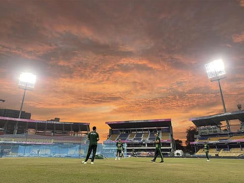 Pakistan players seen during a practice session on Friday at R. Premadasa Stadium in Colombo ahead of their T20 World Cup match against India.