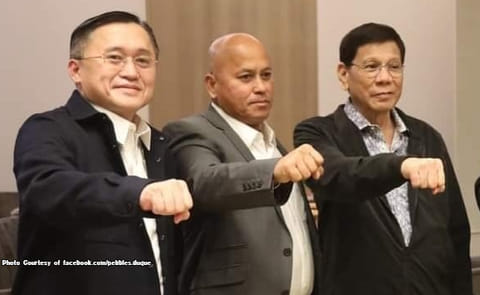 In July 2025, the Philippine House of Representatives adopted the report of the quad committee recommending the filing of criminal charges against former President Rodrigo Duterte (right), Senators Christopher Go (left) and Ronald Dela Rosa (centre), and several others in connection with the extrajudicial killings, illegal drug trade, and POGO operations.