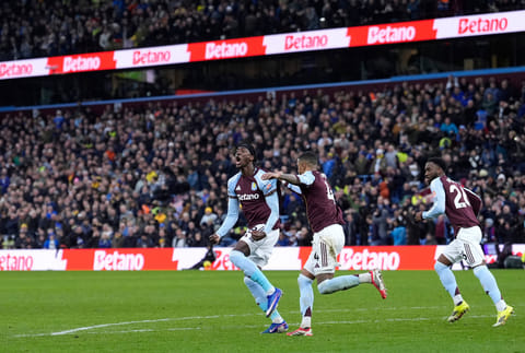 Aston Villa's Tammy Abraham celebrates scoring their side's first goal of the game during their English Premier League soccer match against Leeds United in Birmingham, England, Saturday, Feb. 21, 2026.
