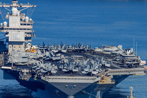 The US Navy aircraft carrier USS Gerald R. Ford departs Souda Bay on the island of Crete on February 26, 2026.