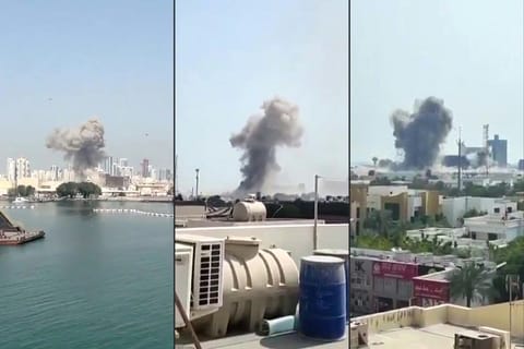 This combination of video grabs created on February 28, 2026 and taken from UGC images posted on social media on the same day and verified by AFPTV teams in Paris, shows show the moment of a strike on a US base in Bahrain.