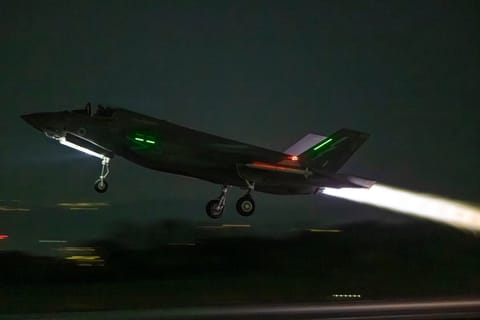 A handout photo taken on March 1, 2026 at the Royal Air Force (RAF) base in Akrotiri in Cyrpus and released by the British Ministry of Defence (MOD) on March 3, 2026 shows F-35B Lightning II Joint Strike Fighters from Britain's Royal Air Force (RAF) taking off for operations across the Middle East.