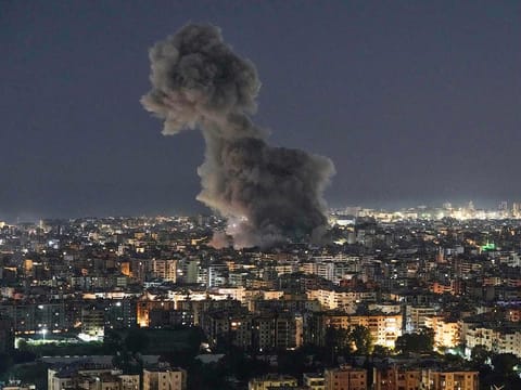 Smoke rises from Israeli airstrikes that struck a building housing Al Manar channel studios in Dahiyeh, a southern suburb of Beirut, Lebanon, early on Tuesday, March 3, 2026.