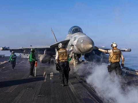 This image provided by US Central Command shows a EA-18G Growler preparing to launch on the USS Abraham Lincoln (CVN 72) in support of Operation Epic Fury on Monday, March 2, 2026.