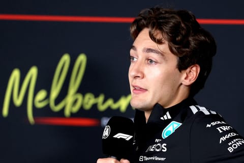Mercedes' British driver George Russell speaks at a press conference ahead of the Formula One Australian Grand Prix at Albert Park in Melbourne on March 5, 2026.